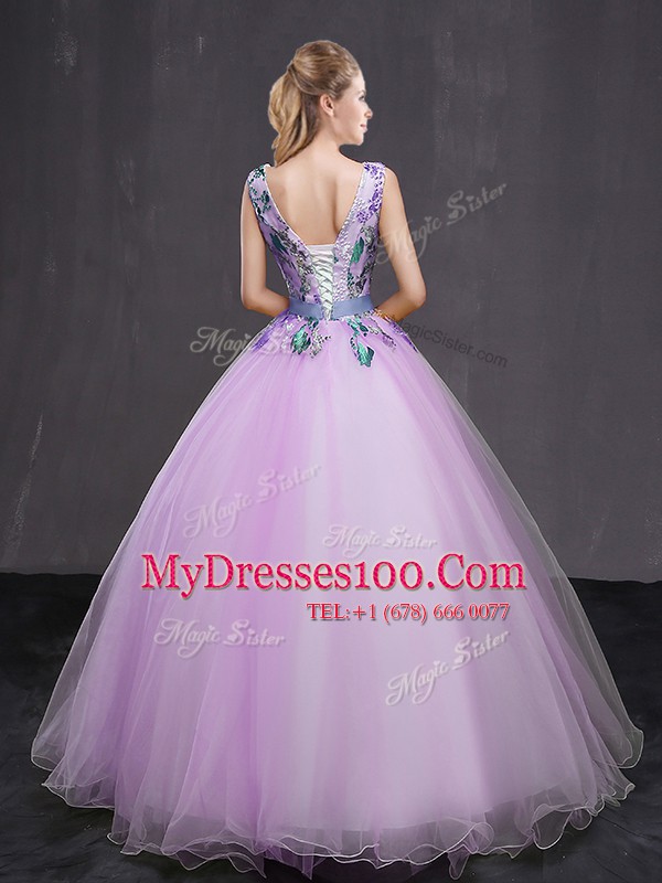 Comfortable Lilac Sleeveless Tulle Lace Up Sweet 16 Dresses for Military Ball and Sweet 16 and Quinceanera