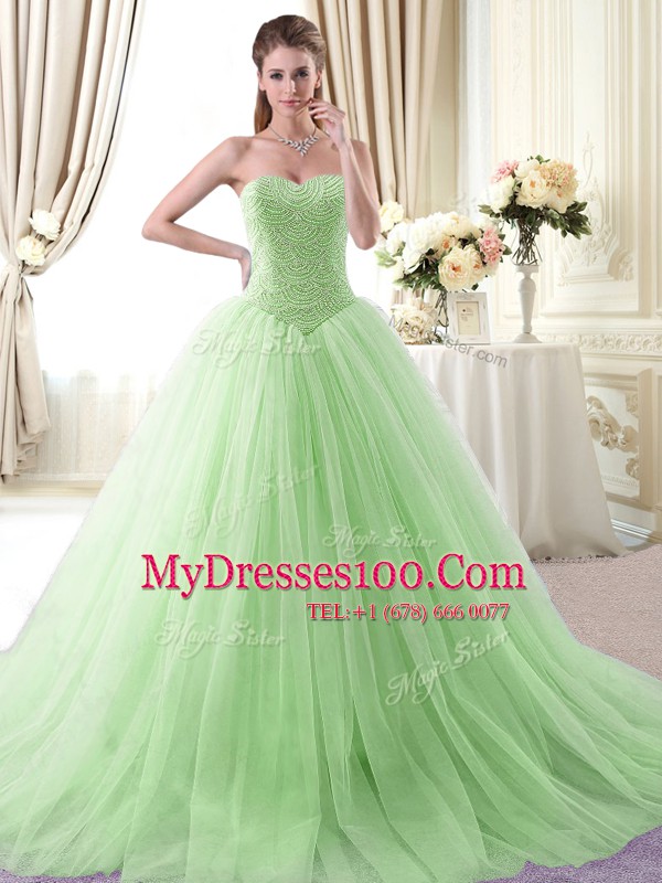 Apple Green Ball Gowns Beading Quinceanera Dresses Lace Up Tulle Sleeveless With Train