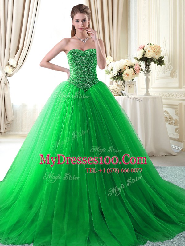 Apple Green Ball Gowns Beading Quinceanera Dresses Lace Up Tulle Sleeveless With Train