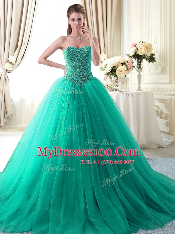 Apple Green Ball Gowns Beading Quinceanera Dresses Lace Up Tulle Sleeveless With Train