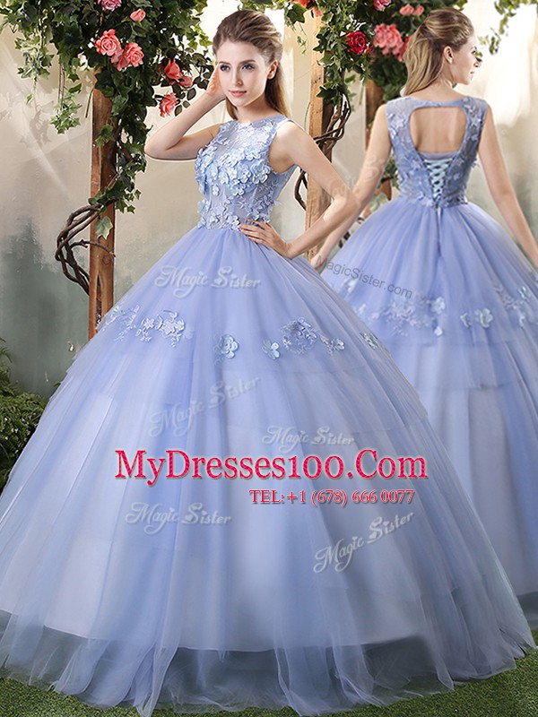 Customized Lavender Tulle Lace Up Bateau Sleeveless Floor Length Quince Ball Gowns Appliques