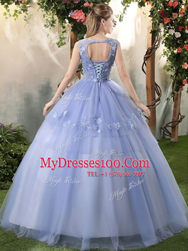 Customized Lavender Tulle Lace Up Bateau Sleeveless Floor Length Quince Ball Gowns Appliques