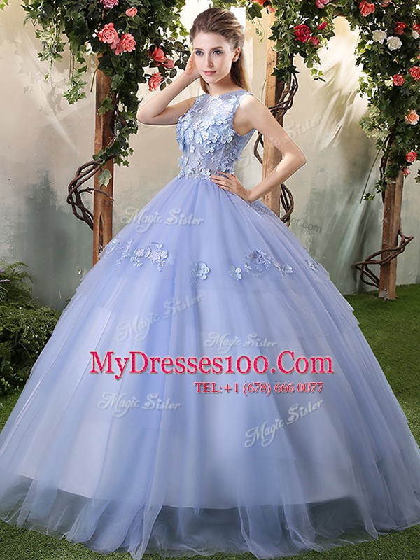 Customized Lavender Tulle Lace Up Bateau Sleeveless Floor Length Quince Ball Gowns Appliques