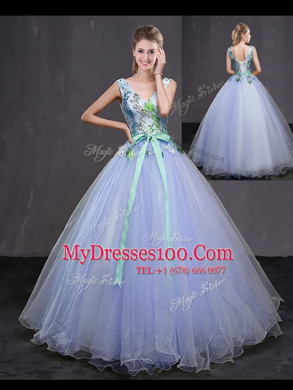 Fine Floor Length Lavender Quince Ball Gowns Tulle Sleeveless Appliques and Belt