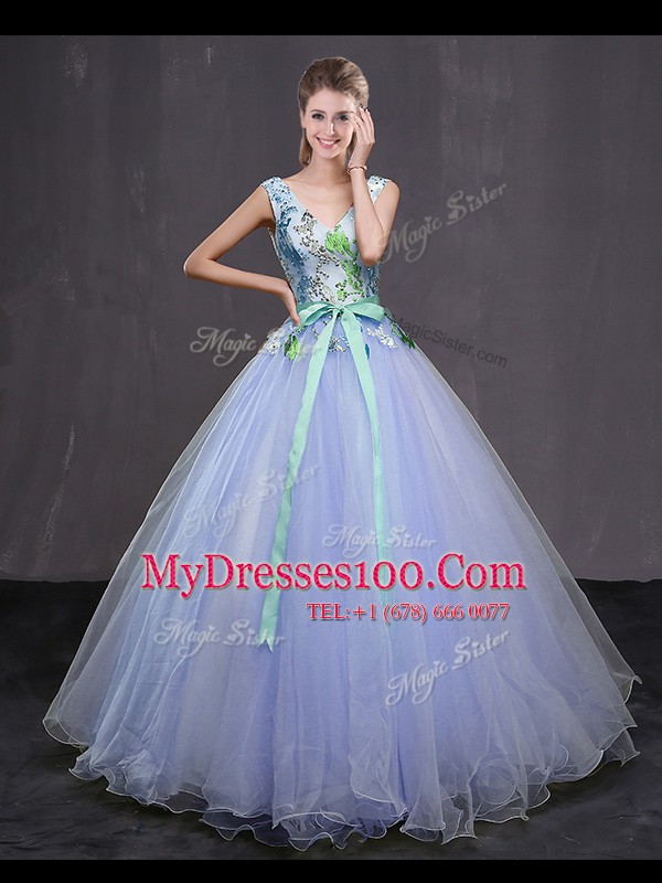 Fine Floor Length Lavender Quince Ball Gowns Tulle Sleeveless Appliques and Belt