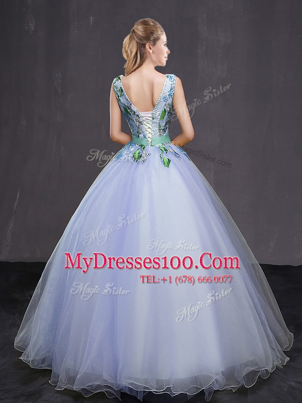 Fine Floor Length Lavender Quince Ball Gowns Tulle Sleeveless Appliques and Belt