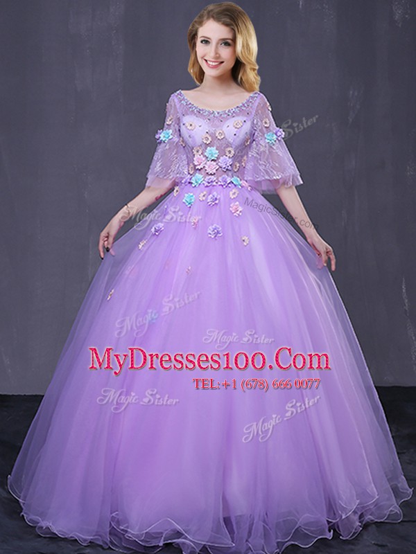 Dynamic Lavender Ball Gowns Scoop Half Sleeves Tulle Floor Length Lace Up Lace and Appliques Ball Gown Prom Dress