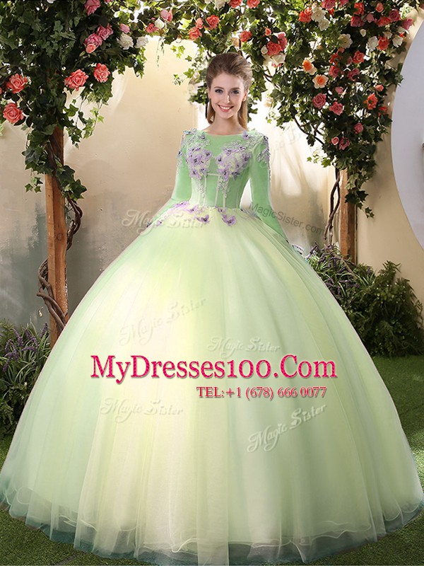 Light Yellow Lace Up Scoop Appliques Sweet 16 Dress Tulle Long Sleeves