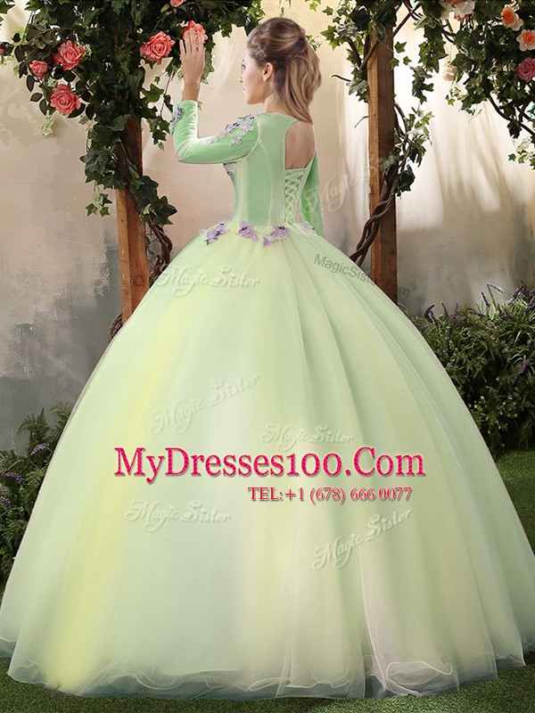 Light Yellow Lace Up Scoop Appliques Sweet 16 Dress Tulle Long Sleeves