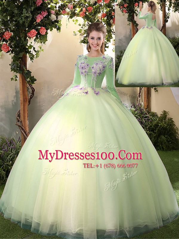 Light Yellow Lace Up Scoop Appliques Sweet 16 Dress Tulle Long Sleeves