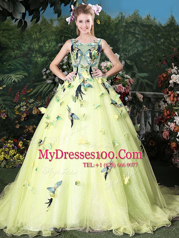 Great Scoop Sleeveless Brush Train Zipper Appliques Sweet 16 Dresses