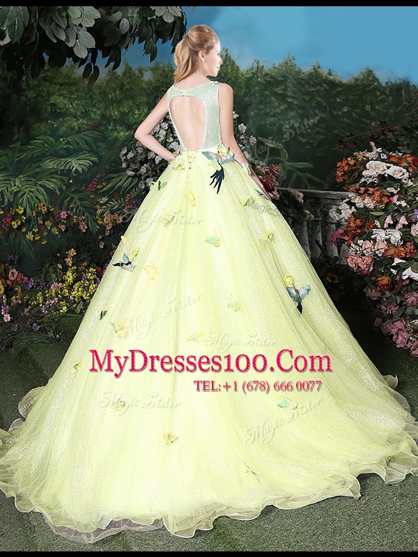 Great Scoop Sleeveless Brush Train Zipper Appliques Sweet 16 Dresses