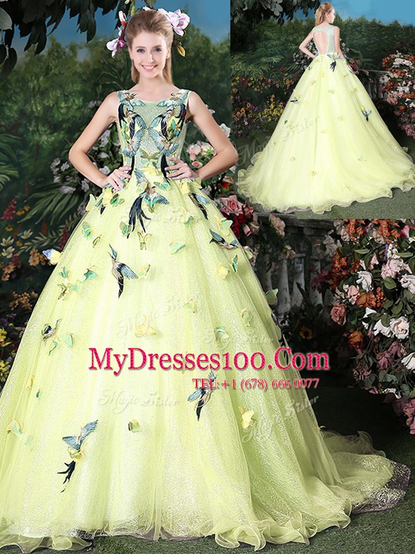Great Scoop Sleeveless Brush Train Zipper Appliques Sweet 16 Dresses