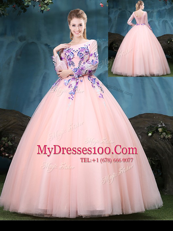 Fancy Scoop Long Sleeves Lace Up 15 Quinceanera Dress Baby Pink Tulle