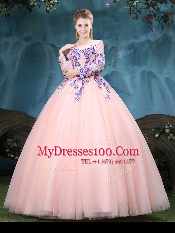 Fancy Scoop Long Sleeves Lace Up 15 Quinceanera Dress Baby Pink Tulle