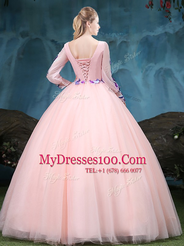 Fancy Scoop Long Sleeves Lace Up 15 Quinceanera Dress Baby Pink Tulle