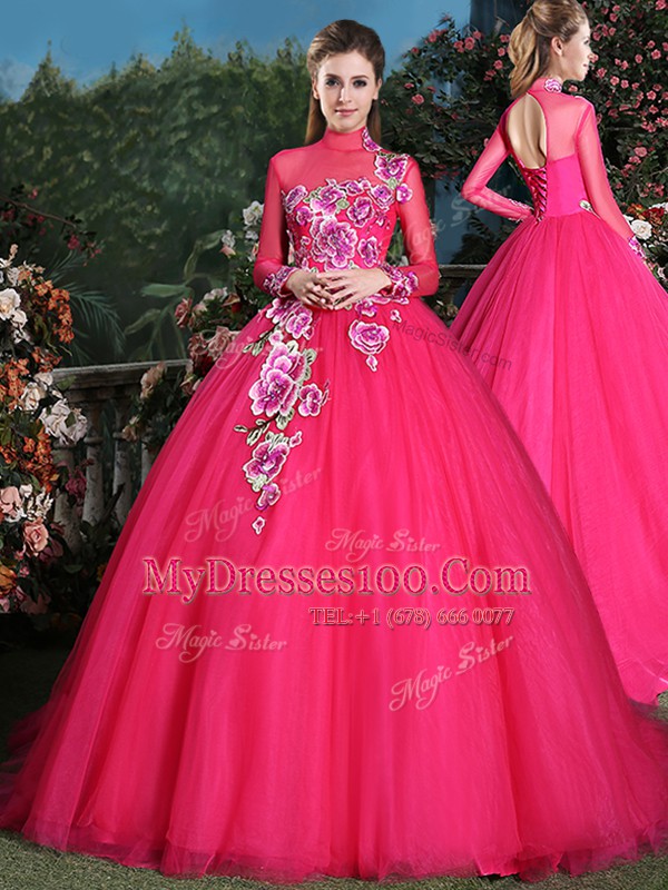New Arrival Tulle Long Sleeves With Train Quinceanera Dresses Brush Train and Appliques