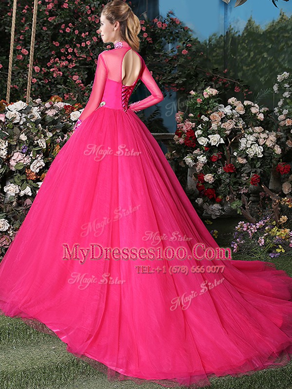 New Arrival Tulle Long Sleeves With Train Quinceanera Dresses Brush Train and Appliques