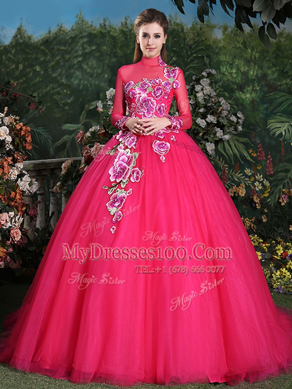 New Arrival Tulle Long Sleeves With Train Quinceanera Dresses Brush Train and Appliques