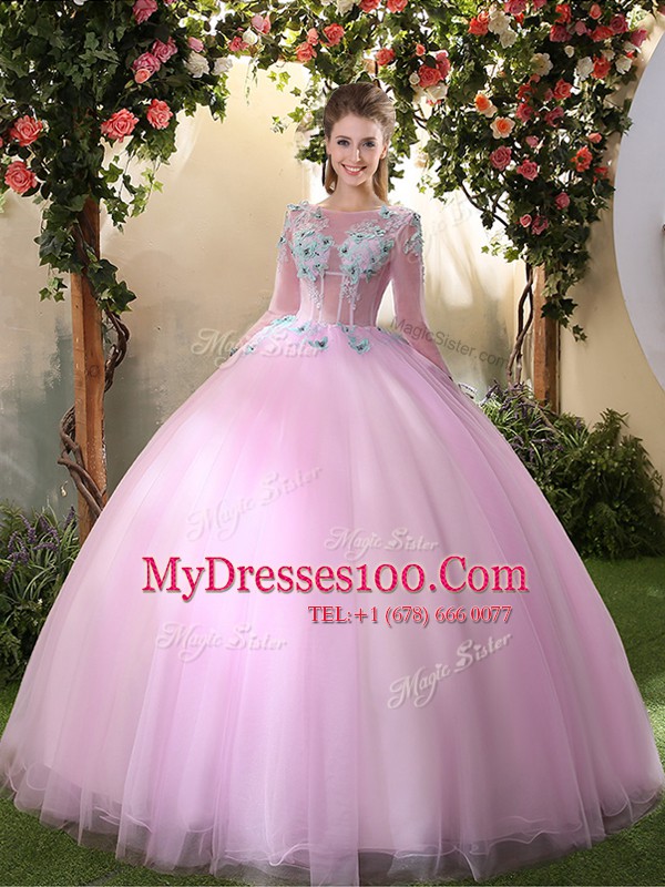 Lilac Lace Up Scoop Appliques 15th Birthday Dress Tulle Long Sleeves