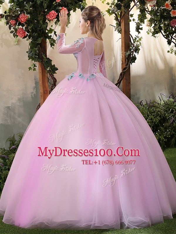 Lilac Lace Up Scoop Appliques 15th Birthday Dress Tulle Long Sleeves