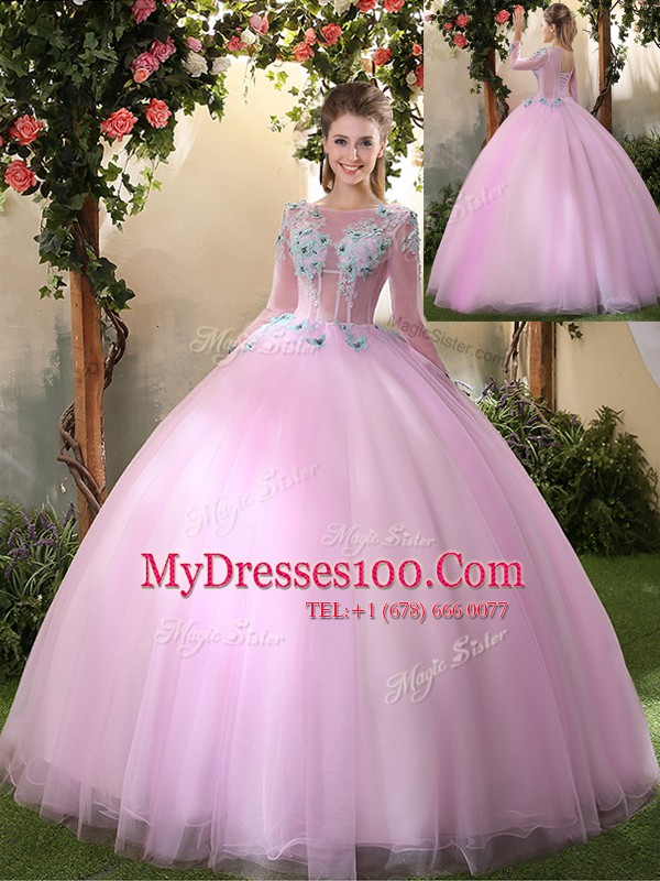 Lilac Lace Up Scoop Appliques 15th Birthday Dress Tulle Long Sleeves