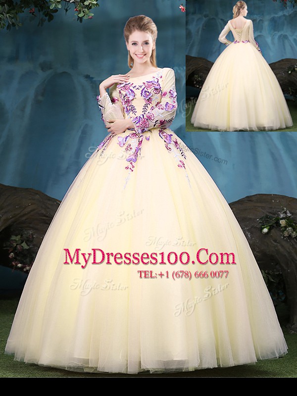 Stunning Floor Length Light Yellow Quinceanera Gowns Scoop Long Sleeves Lace Up