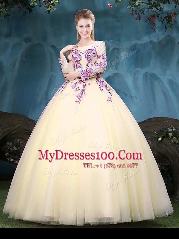 Stunning Floor Length Light Yellow Quinceanera Gowns Scoop Long Sleeves Lace Up