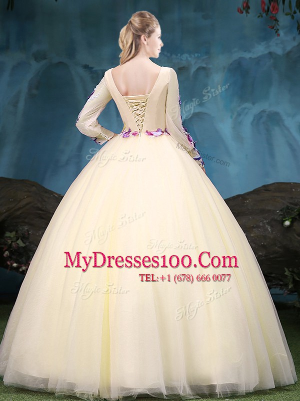 Stunning Floor Length Light Yellow Quinceanera Gowns Scoop Long Sleeves Lace Up