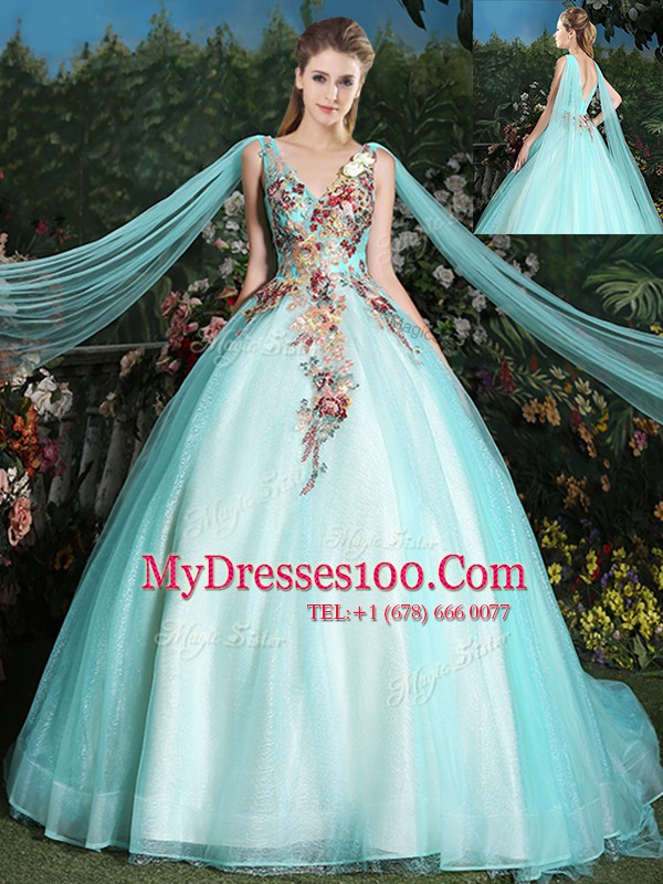 Aqua Blue V-neck Neckline Appliques 15 Quinceanera Dress Sleeveless Lace Up