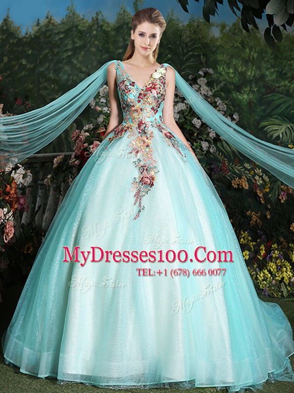 Aqua Blue V-neck Neckline Appliques 15 Quinceanera Dress Sleeveless Lace Up