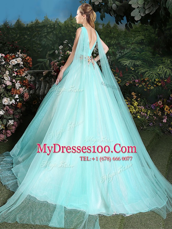 Aqua Blue V-neck Neckline Appliques 15 Quinceanera Dress Sleeveless Lace Up