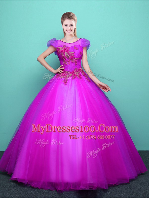 Fantastic Scoop Fuchsia Lace Up Quince Ball Gowns Appliques Short Sleeves Floor Length