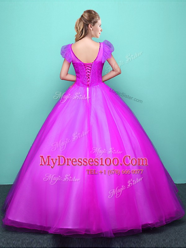 Fantastic Scoop Fuchsia Lace Up Quince Ball Gowns Appliques Short Sleeves Floor Length