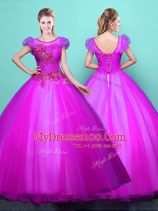 Fantastic Scoop Fuchsia Lace Up Quince Ball Gowns Appliques Short Sleeves Floor Length