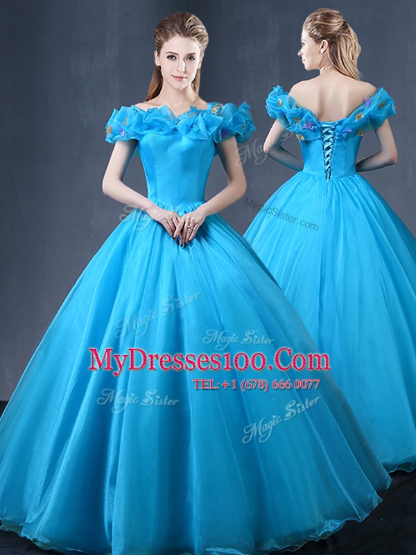 Off the Shoulder Baby Blue Cap Sleeves Appliques Floor Length Sweet 16 Dress