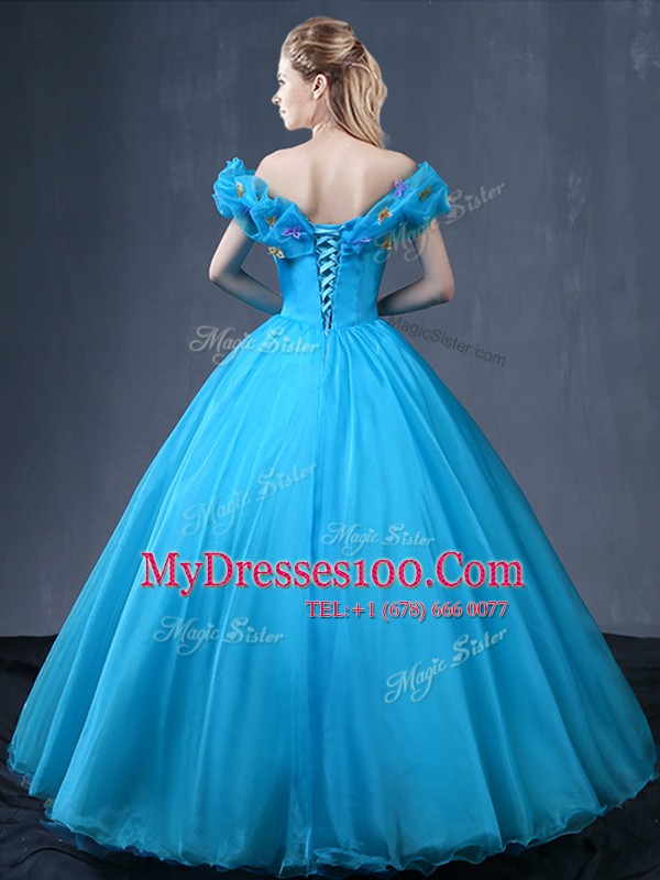 Off the Shoulder Baby Blue Cap Sleeves Appliques Floor Length Sweet 16 Dress