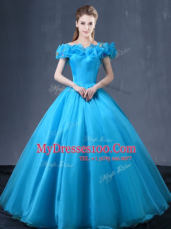 Off the Shoulder Baby Blue Cap Sleeves Appliques Floor Length Sweet 16 Dress