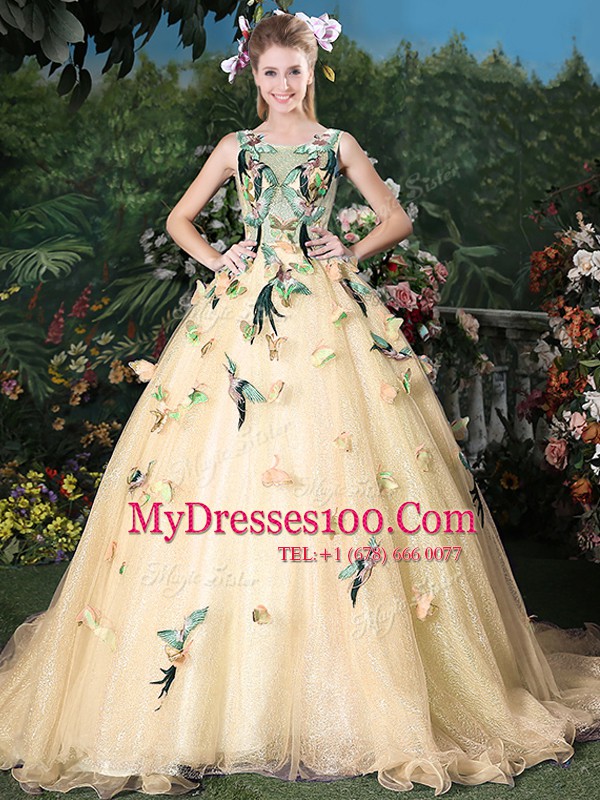 Custom Designed Organza Scoop Sleeveless Brush Train Lace Up Appliques Sweet 16 Quinceanera Dress in Champagne