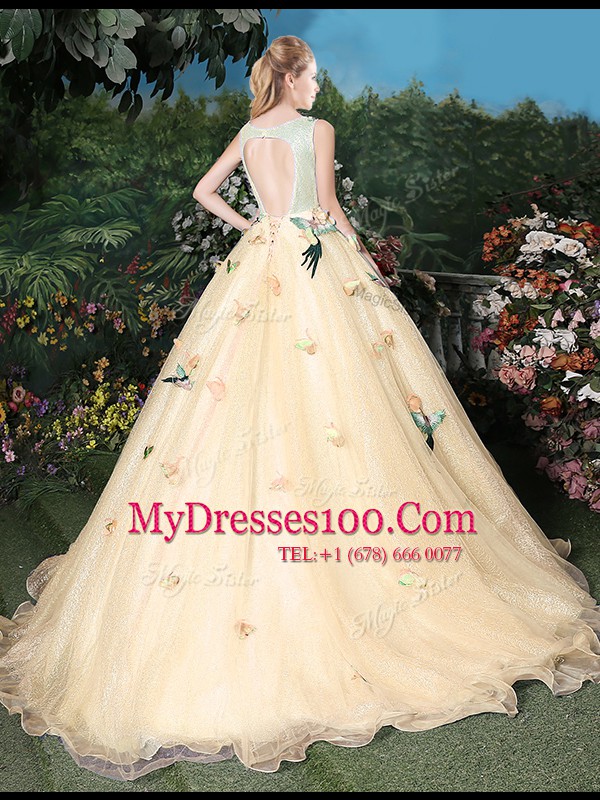 Custom Designed Organza Scoop Sleeveless Brush Train Lace Up Appliques Sweet 16 Quinceanera Dress in Champagne