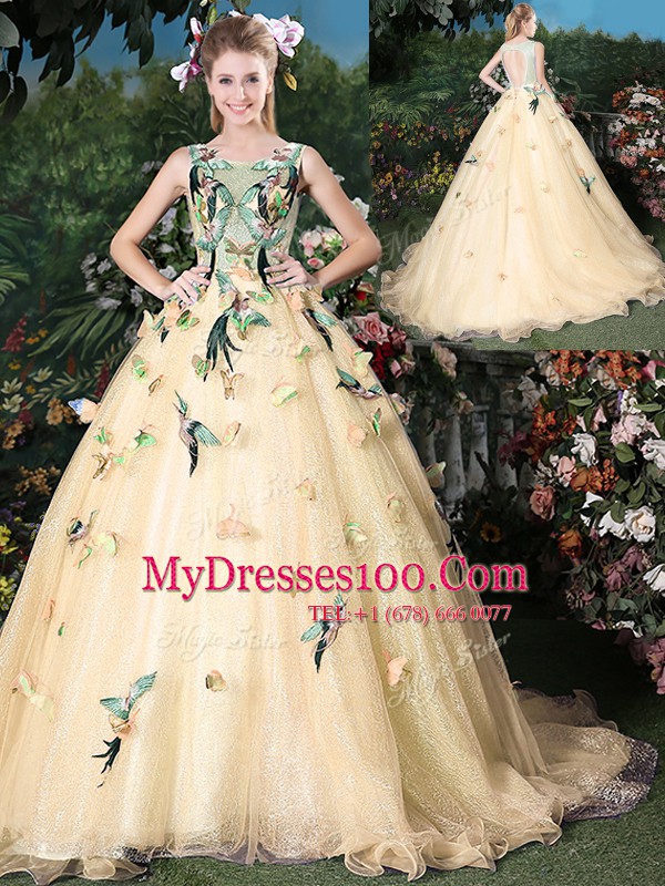 Custom Designed Organza Scoop Sleeveless Brush Train Lace Up Appliques Sweet 16 Quinceanera Dress in Champagne