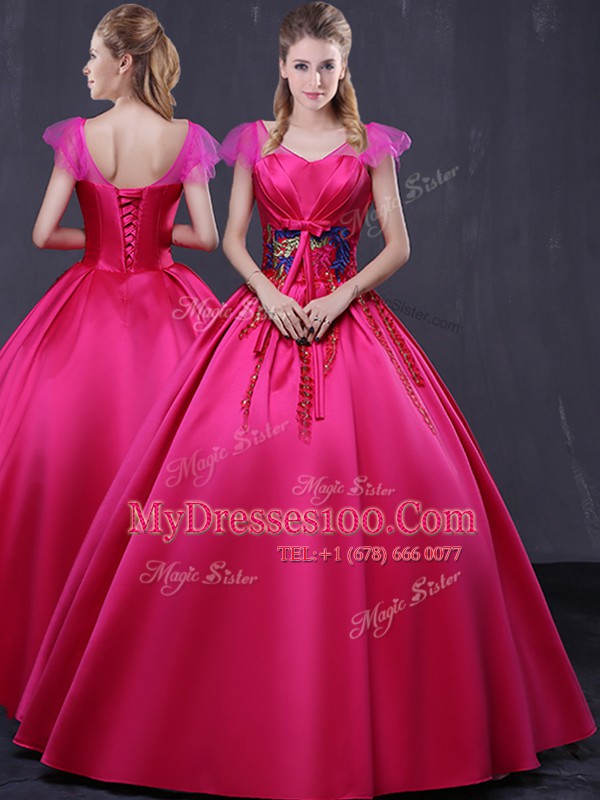 Flirting Hot Pink Cap Sleeves Appliques Floor Length 15 Quinceanera Dress