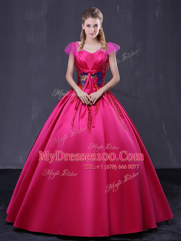 Flirting Hot Pink Cap Sleeves Appliques Floor Length 15 Quinceanera Dress