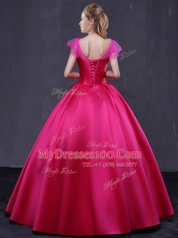 Flirting Hot Pink Cap Sleeves Appliques Floor Length 15 Quinceanera Dress