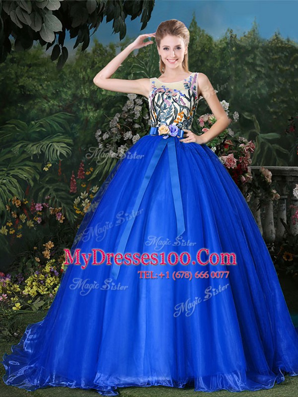 Dazzling Scoop Organza Sleeveless 15 Quinceanera Dress Brush Train and Appliques and Belt