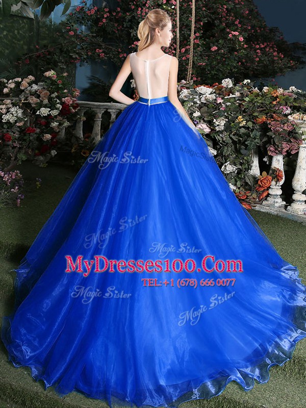 Dazzling Scoop Organza Sleeveless 15 Quinceanera Dress Brush Train and Appliques and Belt