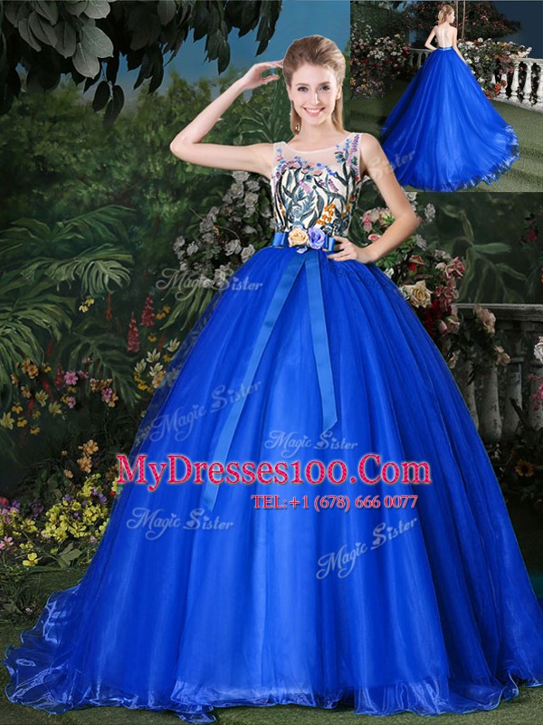 Dazzling Scoop Organza Sleeveless 15 Quinceanera Dress Brush Train and Appliques and Belt