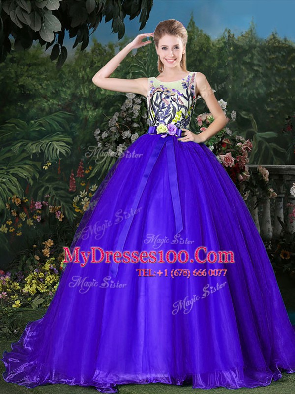 Delicate Scoop Organza Sleeveless Quinceanera Gowns Brush Train and Appliques and Belt
