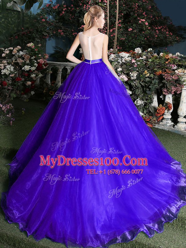 Delicate Scoop Organza Sleeveless Quinceanera Gowns Brush Train and Appliques and Belt