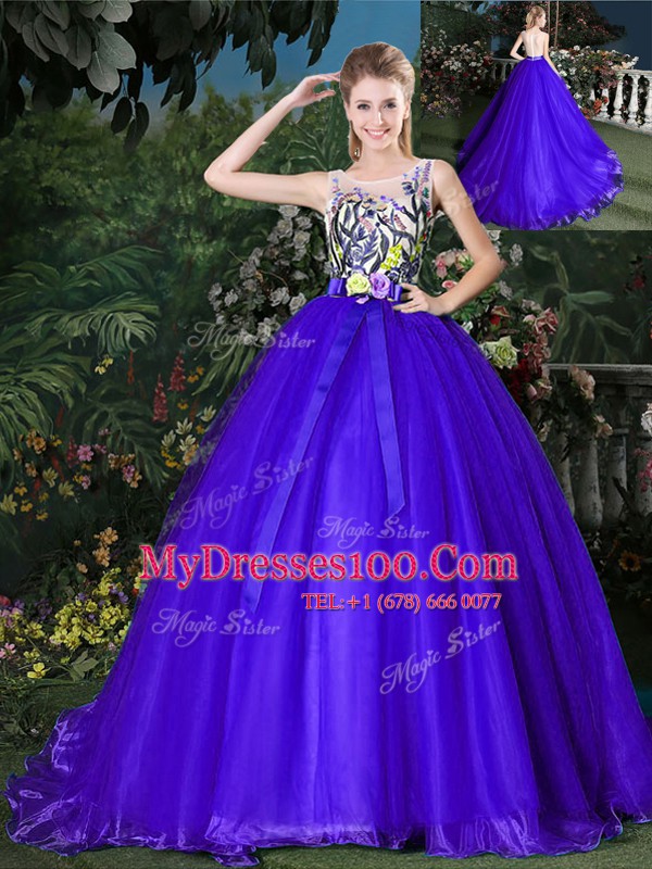 Delicate Scoop Organza Sleeveless Quinceanera Gowns Brush Train and Appliques and Belt